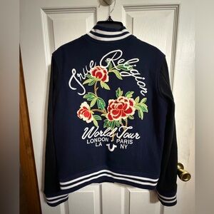 True Religion Women's Navy Varsity Jacket with Floral Design